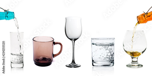 Glasses set with glass mug and wineglasses isolated on a white background