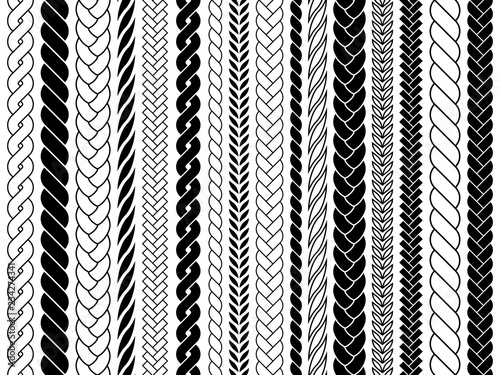 Plaits and braids pattern brushes. Knitting, braided ropes vector isolated collection. Braid pattern decoration, fabric textile ornament illustration