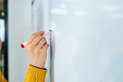Business, people, ideas, and education concept. Female person writting on whiteboard.