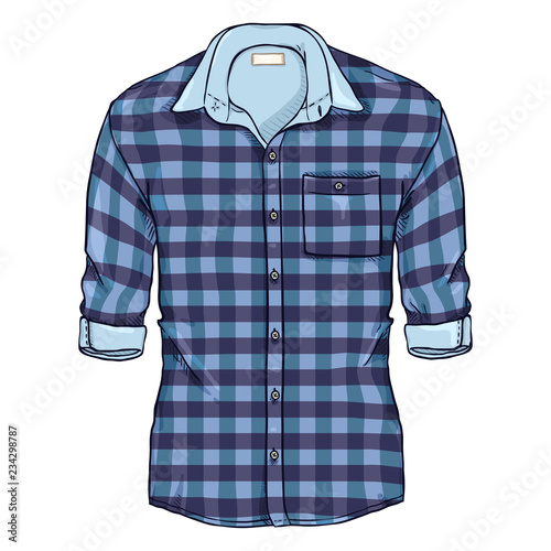 Vector Cartoon Blue Checkered Men Shirt with Roll Up Sleeves