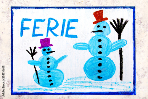 Colorful drawing of the page: Two smiling snowmans and the Polish word WINTER VACATION