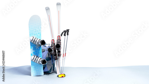 concept of winter tourism snowboarding and skiing in the snow 3d render on white