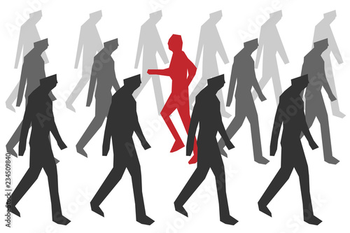 vector concept of dissident - man goes against the movement of the crowd