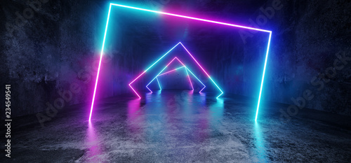 Elegant Modern Futuristic Sci Fi Grunge Concrete Reflective Long Empty Tunnel Corridor With Neon Glowing Rectangle Shapes Purple Blue Pink Red Background 3D Rendering