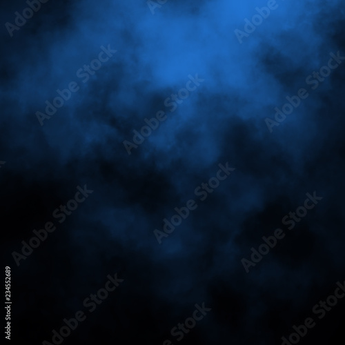 Blue fog and mist effect on black stage studio showcase room background.