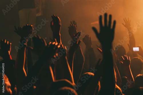 Hands silhouettes of the crowd raised up at music show. 