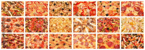 Big set of pizzas close-up, selective focus, macro