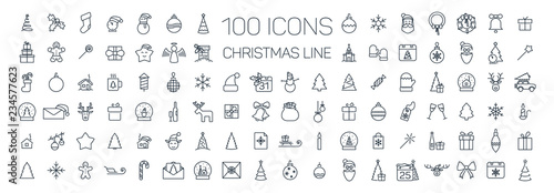Christmas line web 100 icons set on white background