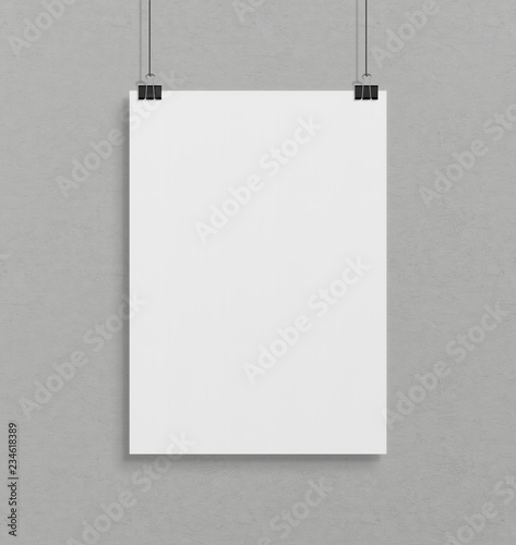 Blank white poster hanging up with clips mockup