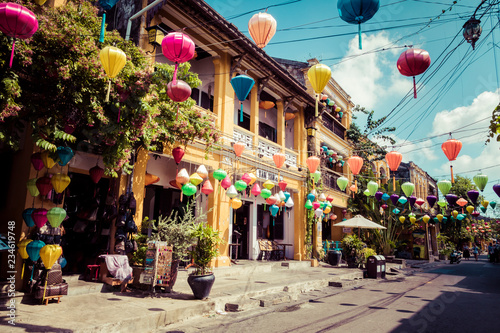 Hoian Ancient town houses. Colourful buildings with festive silk lanterns. UNESCO heritage site. Vietnam.