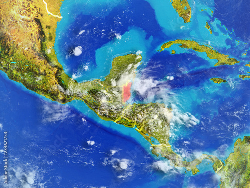 Belize from space on model of planet Earth with country borders. Extremely fine detail of planet surface and clouds.