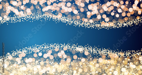 golden and silver xmas lights on blue background for merry christmas or season greetings message,bright decoration.Elegant holiday season social post digital card.Copy type space for text or logo