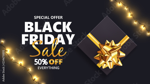 Black friday sale background with gift box and golden bow. Modern design.Universal vector background for poster, banners, flyers, card 