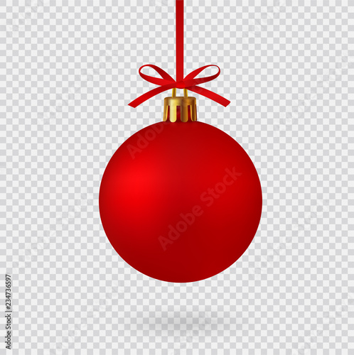 Realistic Red Christmas ball with ribbon and bow, isolated background - stock vector.