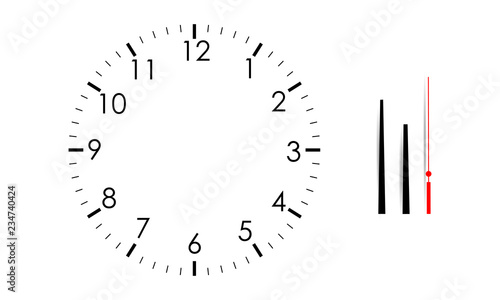 Blank clock face mock up with hour, minute and second hands, isolated on white background. Vector illustration