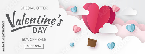 Valentines day sale background with Heart Balloons and clouds. Paper cut style. Can be used for Wallpaper, flyers, invitation, posters, brochure, banners. Vector illustration.