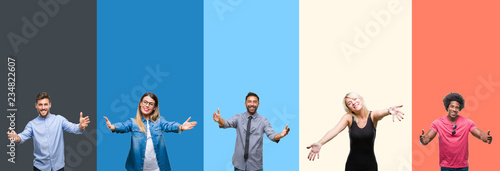 Collage of group of young people over colorful vintage isolated background looking at the camera smiling with open arms for hug. Cheerful expression embracing happiness.