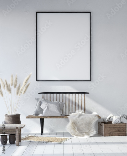 Mock-up poster frame in shabby Scandinavian interior background, 3d render