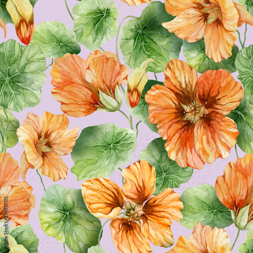 Beautiful orange nasturtium flowers (nose-twister) with leaves on lilac background. Seamless floral pattern. Watercolor painting. Hand painted botanical illustration.