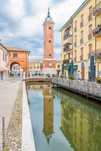 Clock tower in the streets of Comacchio in Italy