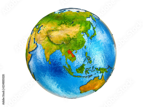 Laos on 3D model of Earth with country borders and water in oceans. 3D illustration isolated on white background.
