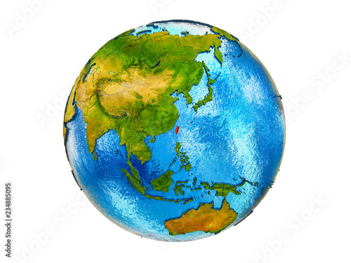 Taiwan on 3D model of Earth with country borders and water in oceans. 3D illustration isolated on white background.