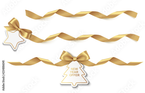 Set of New Year or Christmas Sale tag with gold long ribbon and bow isolated on white background. Vector illustration. Holiday decoration