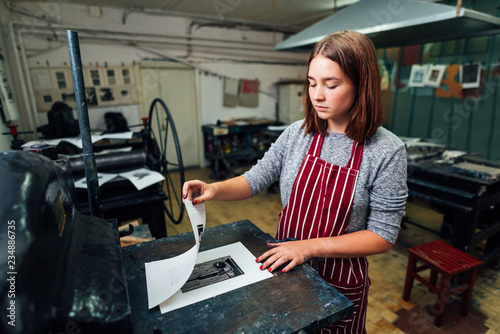 linocut. manual printing on the machine