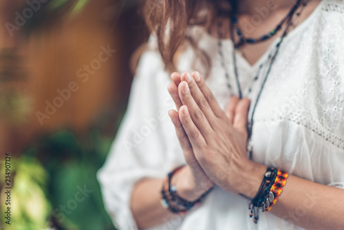 Yoga Woman`s Hands. Prayer position