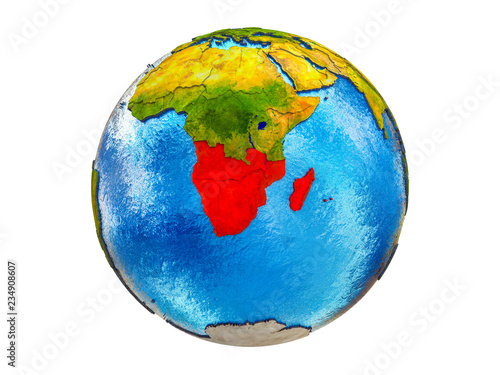 Southern Africa on 3D model of Earth with country borders and water in oceans. 3D illustration isolated on white background.