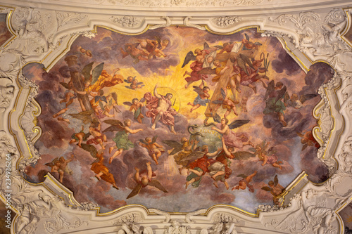 PRAGUE, CZECH REPUBLIC - OCTOBER 18, 2018: The baroque fresco of Jesus Christ in the Glory in church kostel Svaté Voršily by Jan Jakub Stevens ze Steinfelsu (1707).