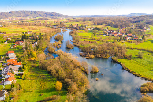  Rivers of Croatia, countryside landscape, Mreznica from air, panoramic view of Belavici village and waterfalls in autumn 