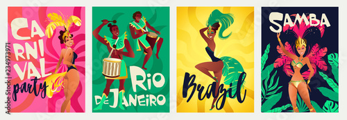 Brazilian annual carnival festival celebrations realistic colorful posters set with traditional musical instruments costumes isolated vector illustration.