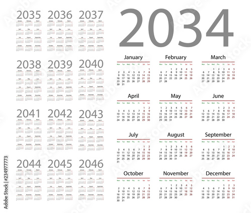 Simple calendar 2034 on white background. Vector illustration