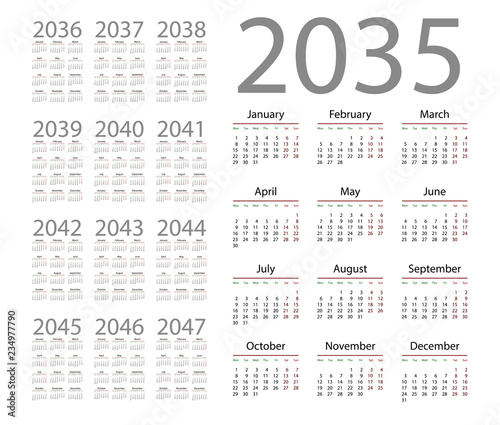 Simple calendar 2035 on white background. Vector illustration