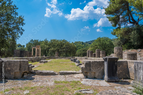 Temple of Hera (Heraion), the oldest temple of the Sanctuary in the archaeological site of Olympia in Peloponnese, Greece. Today, the temple of Hera is the starting point of the Olympic torch relay. 