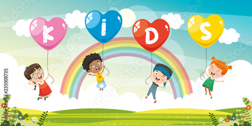 Vector Illustration Of Kids Flying With Balloons