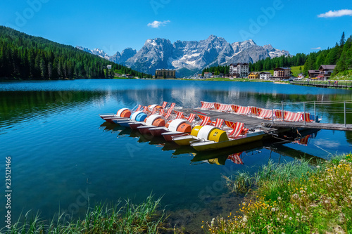 Landscape of Misurina Lake in the sunny day, Cortina D'Ampezzo, South Tyrol, Dolomites, Italy.