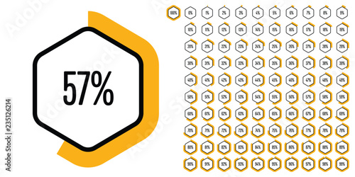 Set of hexagon percentage diagrams (meters) from 0 to 100 ready-to-use for web design, user interface (UI) or infographic - indicator with yellow