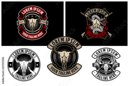 Old School Classic or vintage style america buffalo skull with rifle vector badge logo template collection