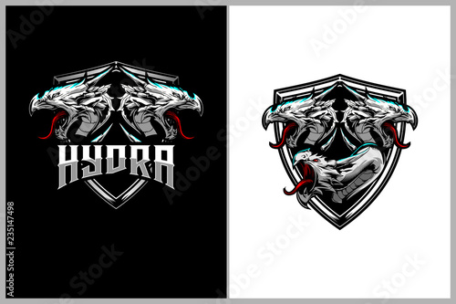 hydra mythology animal cartoon character with shield badge or crest logo template