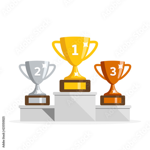 Winners podium with cups. Prizes for the Champions. Gold, silver and bronze cups. Vector illustration in flat style.