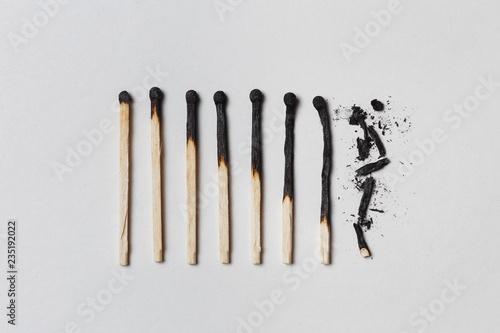 Concept of patience. A row of burnt matches, from left to right, from almost a whole match to a completely burnt match to the dust.