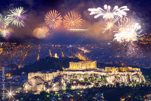 fireworks over Athens, Acropolis and the Parthenon, Attica, Greece - New Year destination