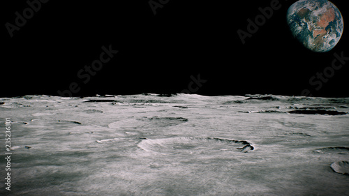 Surface of the Moon landscape. Flying over the Moon surface. Close up view. 3D Rendering