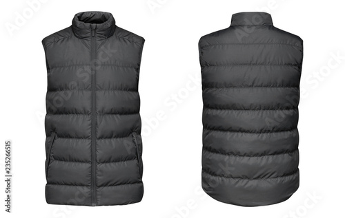 Blank template grey waistcoat down jacket sleeveless with zipped, front and back view isolated on white background. Mockup gray winter sport vest for your design