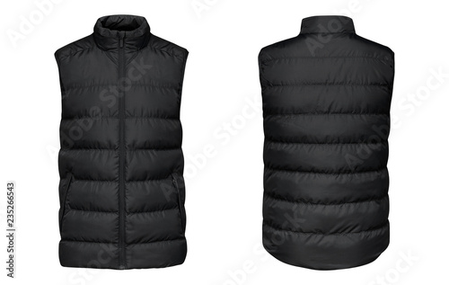 Blank template black waistcoat down jacket sleeveless with zipped, front and back view isolated on white background. Mockup winter sport vest for your design