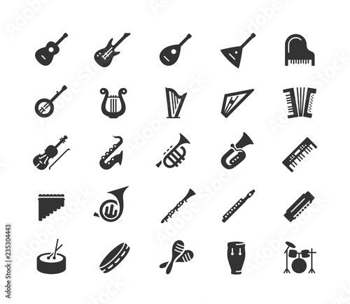 Musical instruments vector icon set in glyph style