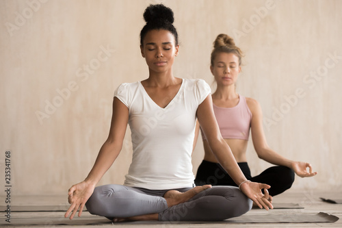 Two beautiful diverse yogi girls doing yoga Padmasana exercise, Lotus pose with mudra, working out, indoor full length, mixed race female students training at club. Well being, wellness concept