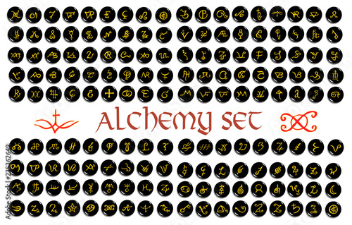 Large set of golden alchemical symbols carved on stone isolated on white. Hand drawn elements for design.